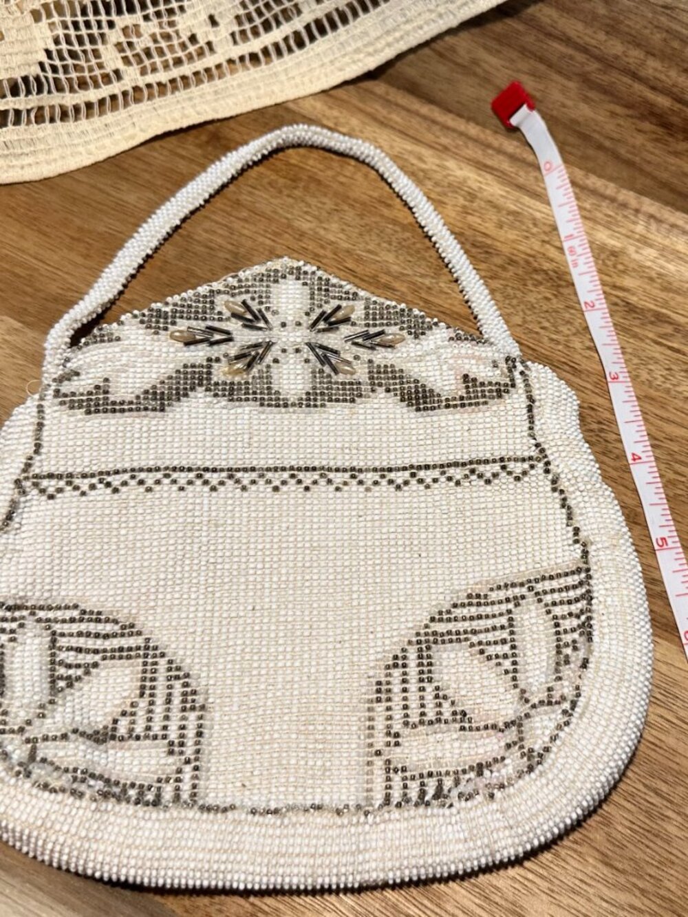 Art Deco White Beaded Purse 1950s 1960s Glass Bead Wedding Bag MCM Fancy - Picture 3 of 7